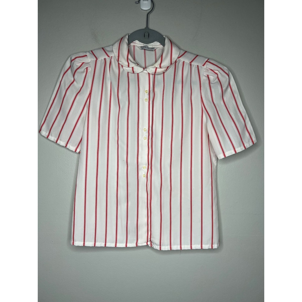 Vintage 80s Alice Stuart Red Stripe Peter Pan Collar Puff Sleeve Blouse Retro